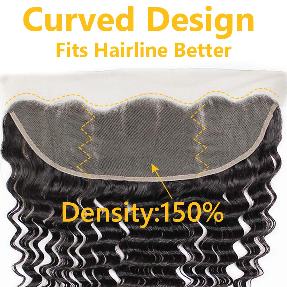 QTHAIR 14A 13x4 HD Lace Frontal Human Hair 20 Inch Deep Wave Frontal Pre Plucked with Baby Hair Ear to Ear Transparent Lace Frontal Closure 100% Virgin Deep Wave Human Hair Frontal 1B Natural Black