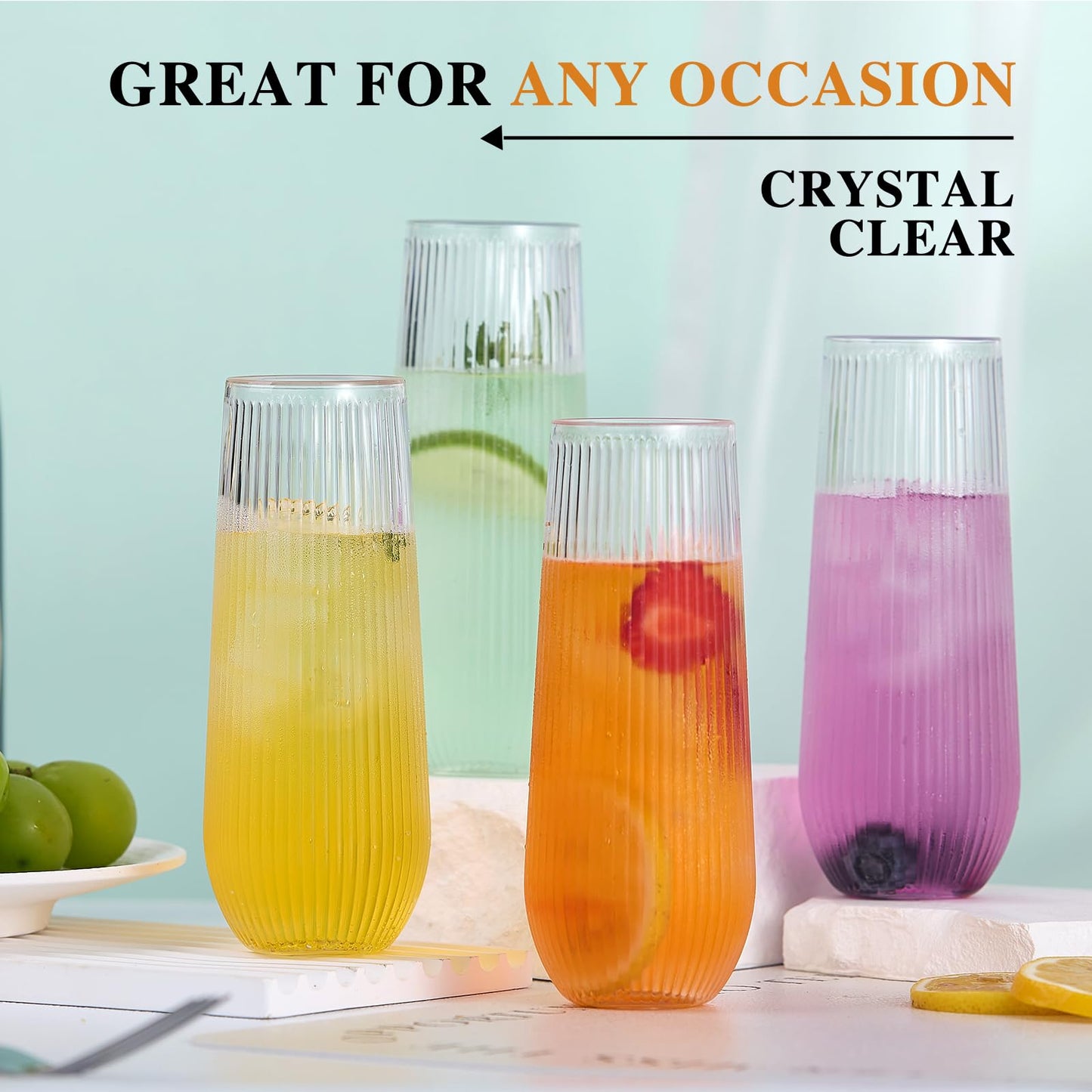 Lueumxc 48 Pack Ribbed Plastic Champagne Flutes, 9 Oz Stemless Disposable Clear Plastic Toasting Glasses Shatterproof Recyclable and BPA-Free Perfect For Wedding