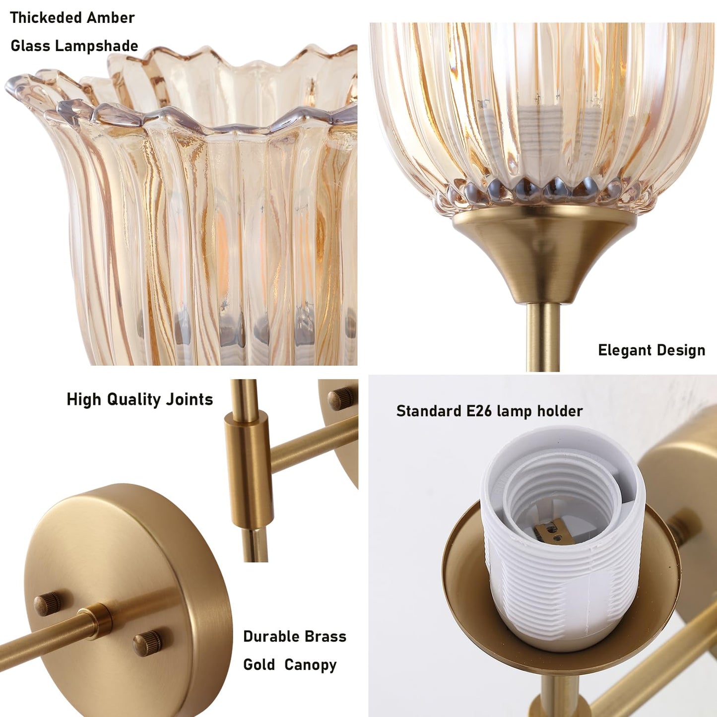 BYOLIIMA 2-Lights Gold Wall Sconce with Amber Glass Shades Modern Mid Century Bathroom Vanity Wall Light Fixtures Industrial Brushed Brass Wall Lamp for Bedroom Mirror Living Room Restaurant