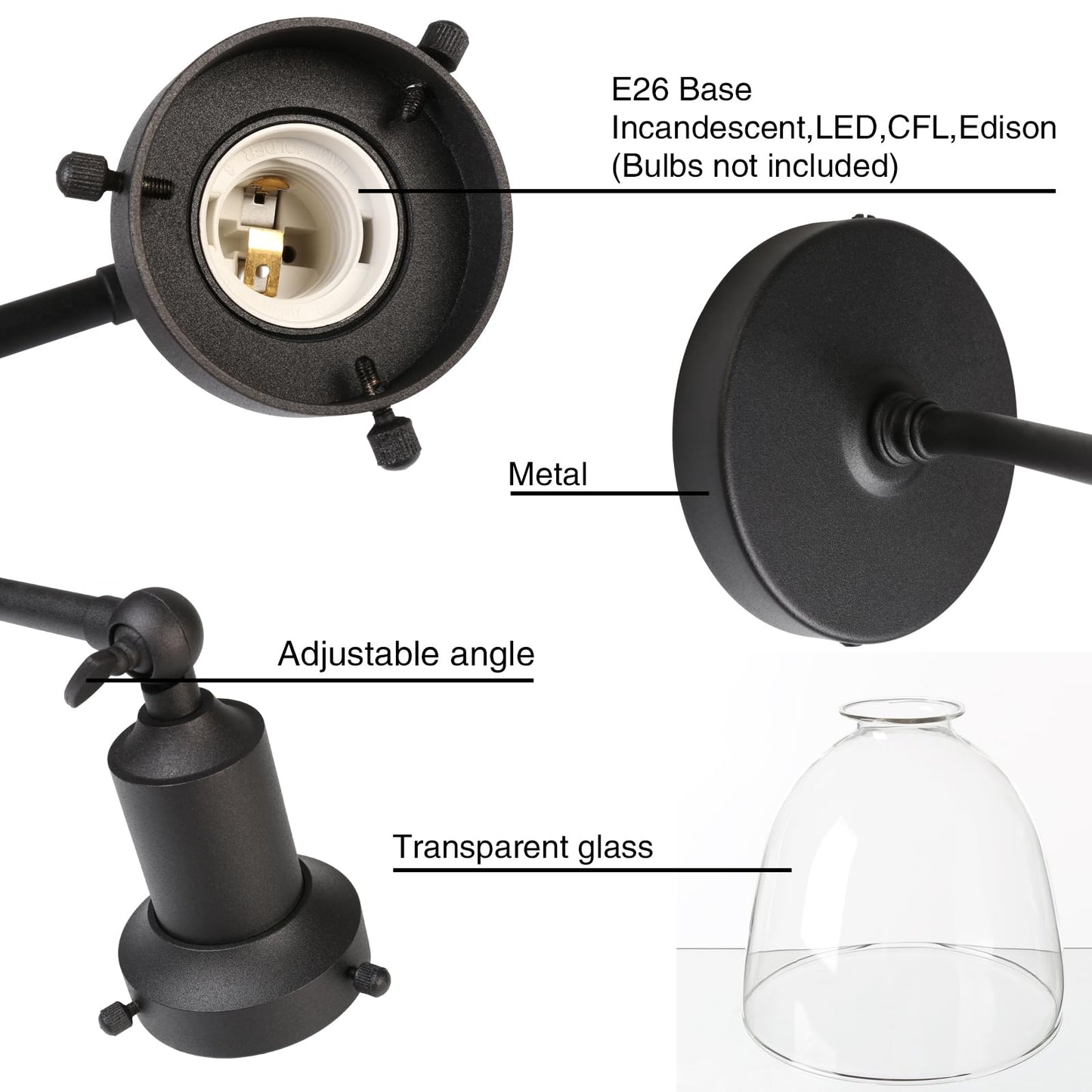 PERMO Industrial Sconces Slope Pole Sconce with 6.7" Oval Dome Clear Glass Shade Matte Black Wall Sconce Wall Mount Light Fixture for Bathroom Bedroom Entryway Home Office Kitchen