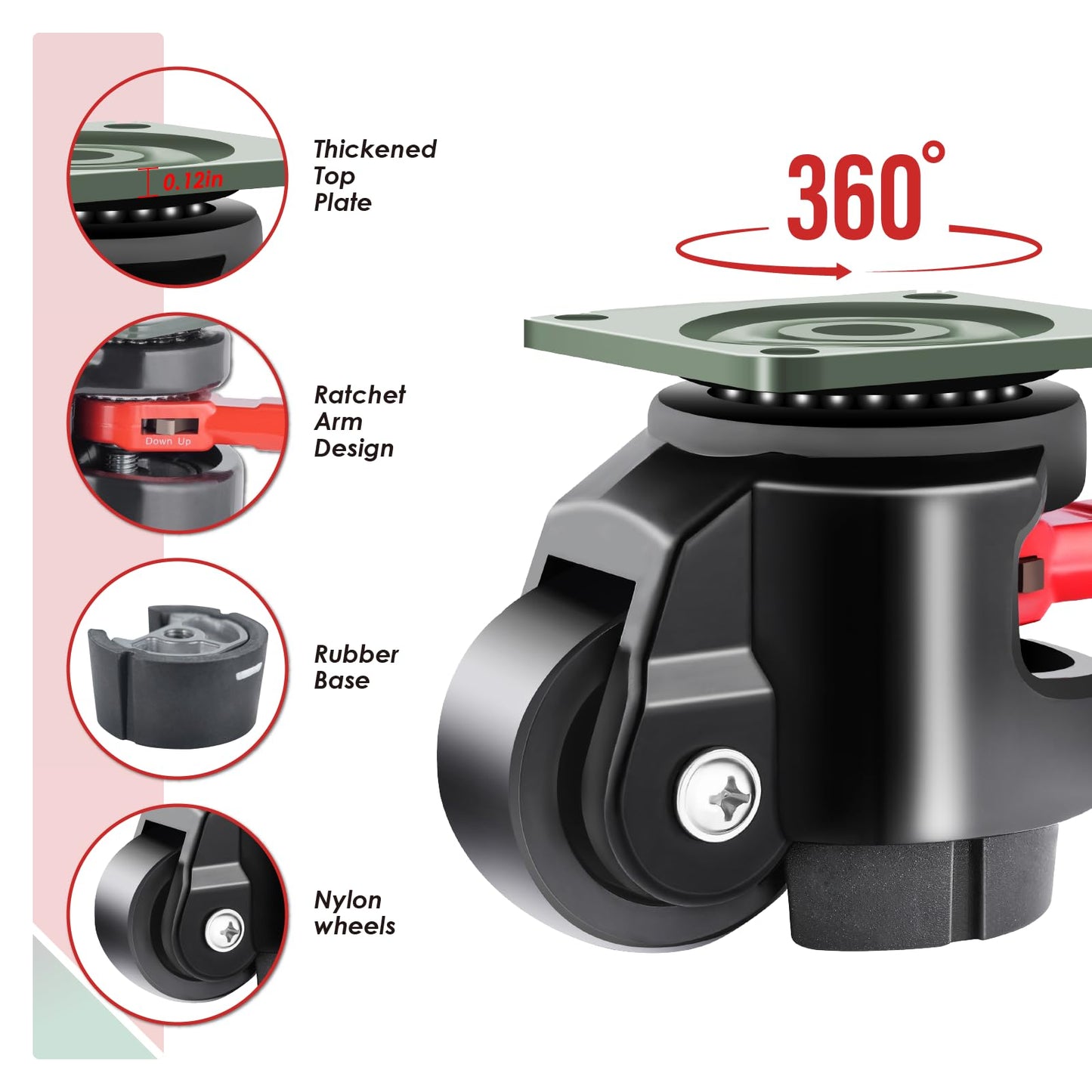 FIZAR 4 Pack Heavy Duty Leveling Casters for Workbench 2200 LBS Capacity, Upgraded Handle Design Retractable Caster Wheels Set,360 Degree Swivel Castors for Machine, Equipment, Shelves (Black)