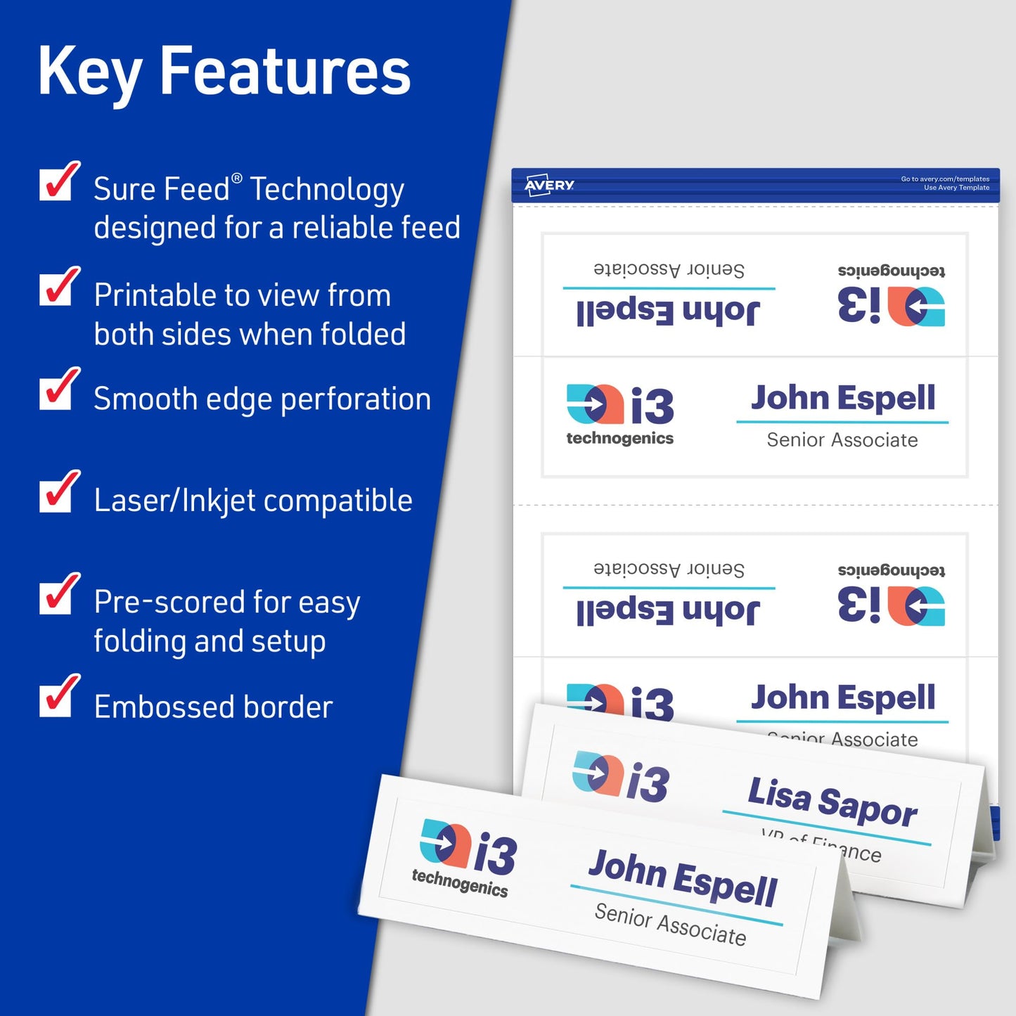 Avery Printable Tent Cards, Sure Feed Technology, 2.5" x 8.5", White with Embossed Border, 2-Pack, Total of 200 Blank Place Cards for Laser or Inkjet Printers (25305)