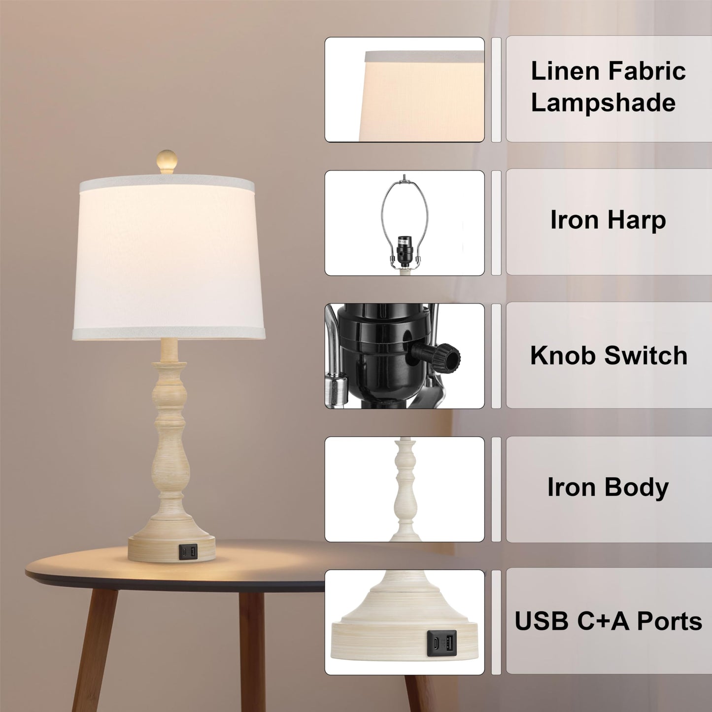Leasgy 23'' Farmhouse Table Lamps for Living Room Set of 2 with USB C+A Ports, Retro Bedside Lamp for Bedroom, Office, Dining Room, Knob Switch, 3 Color Temperatures, Bulb Included, Beige