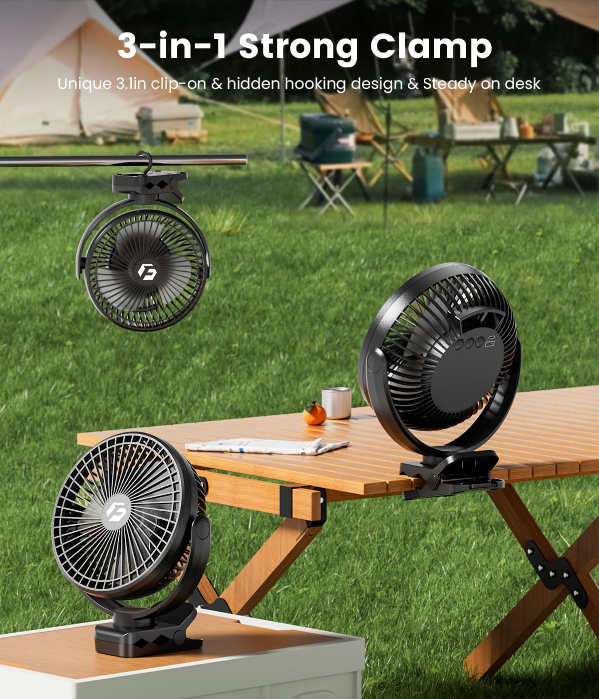 24000mAh Clip on Fan for Golf Cart - 8-inch Portable Rechargeable Fans - Max Up to 150Hrs Work Time - Battery Operated Fan with LED, Remote, Timers, Hook for Office, Desk, Camping, Tent, Treadmill