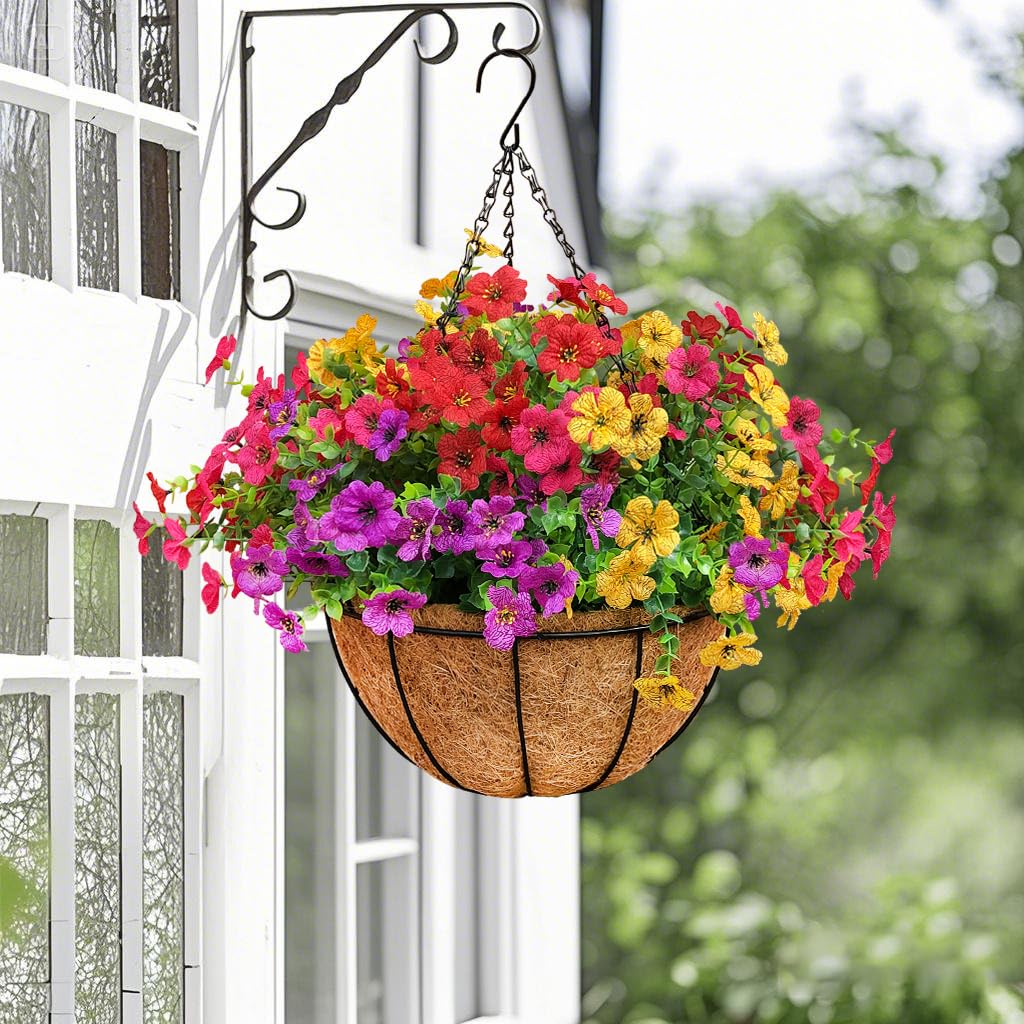 secqous 2 Set Artificial Outdoor Flowers with Hanging Basket, 2 Hanging Planters with 24 Pcs Flowers for Garden Porch Patio Balcony Yard Home Decoration