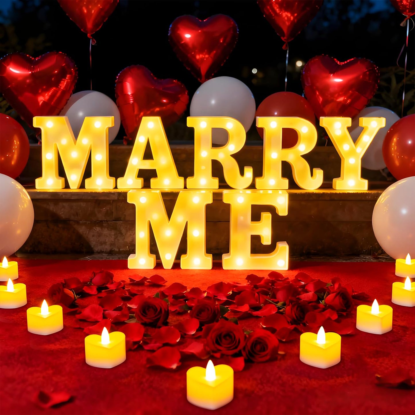 Marry Me Light Up Letters, with 30 Tea Lights Candles, Rose Petals, Aluminum Balloons, Balloons, Red Carpet, Rose Ring Box, Double Sided Tape, Valentine's Day Proposal Engagement Wedding Decorations