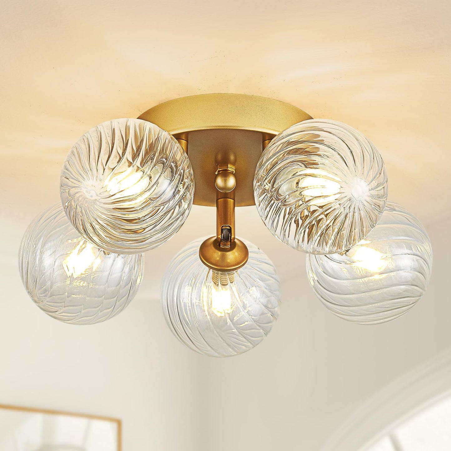 brfaixla Gold Ceiling Bubble Light Fixture Modern 5 Lights Swirled Clear Ribbed Blown Glass Ball Chandelier Semi Flush Mount Lighting Dia 12.6" for Hallway Entryway Kitchen Dining Room