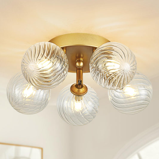 brfaixla Gold Ceiling Bubble Light Fixture Modern 5 Lights Swirled Clear Ribbed Blown Glass Ball Chandelier Semi Flush Mount Lighting Dia 12.6" for Hallway Entryway Kitchen Dining Room