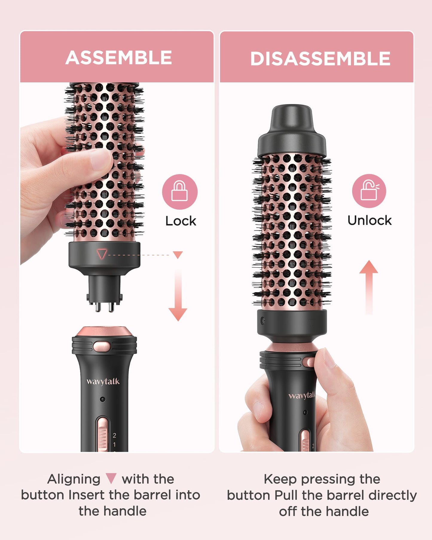 Wavytalk Thermal Brush, Heated Round Brush, 1 1/2 inch Blowout Brush with Detachable Brush Head, Thermal Round Brush Dual Voltage for Travel, Rose Gold