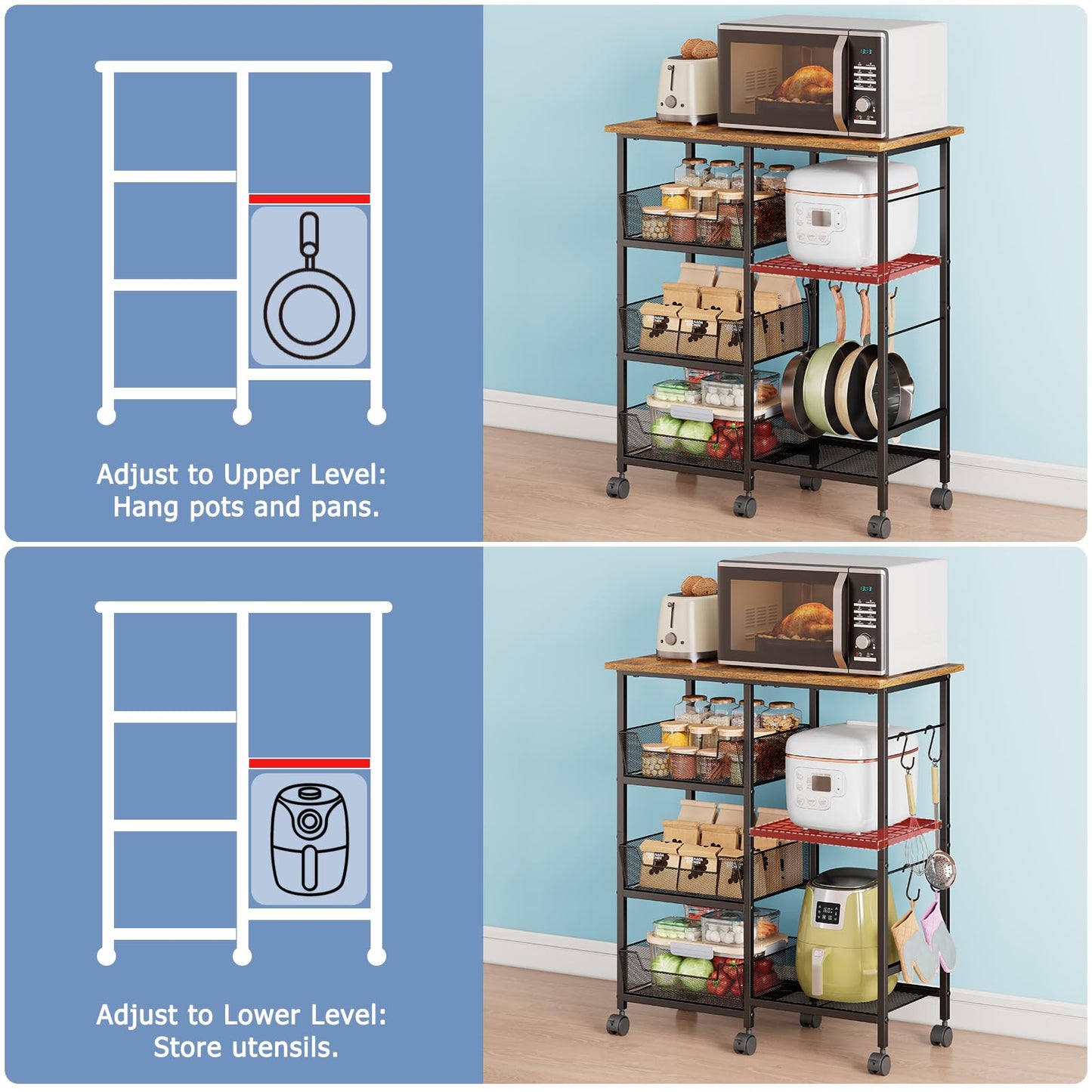 Rolling Kitchen Storage Microwave Cart, Kitchen Island with Adjustable Shelf on Lockable Wheels, Countertop 27.75"L × 15.35"W, Bakers Rack with Tilt-Out Baskets, for Kitchen, Coffee Bar, Living room