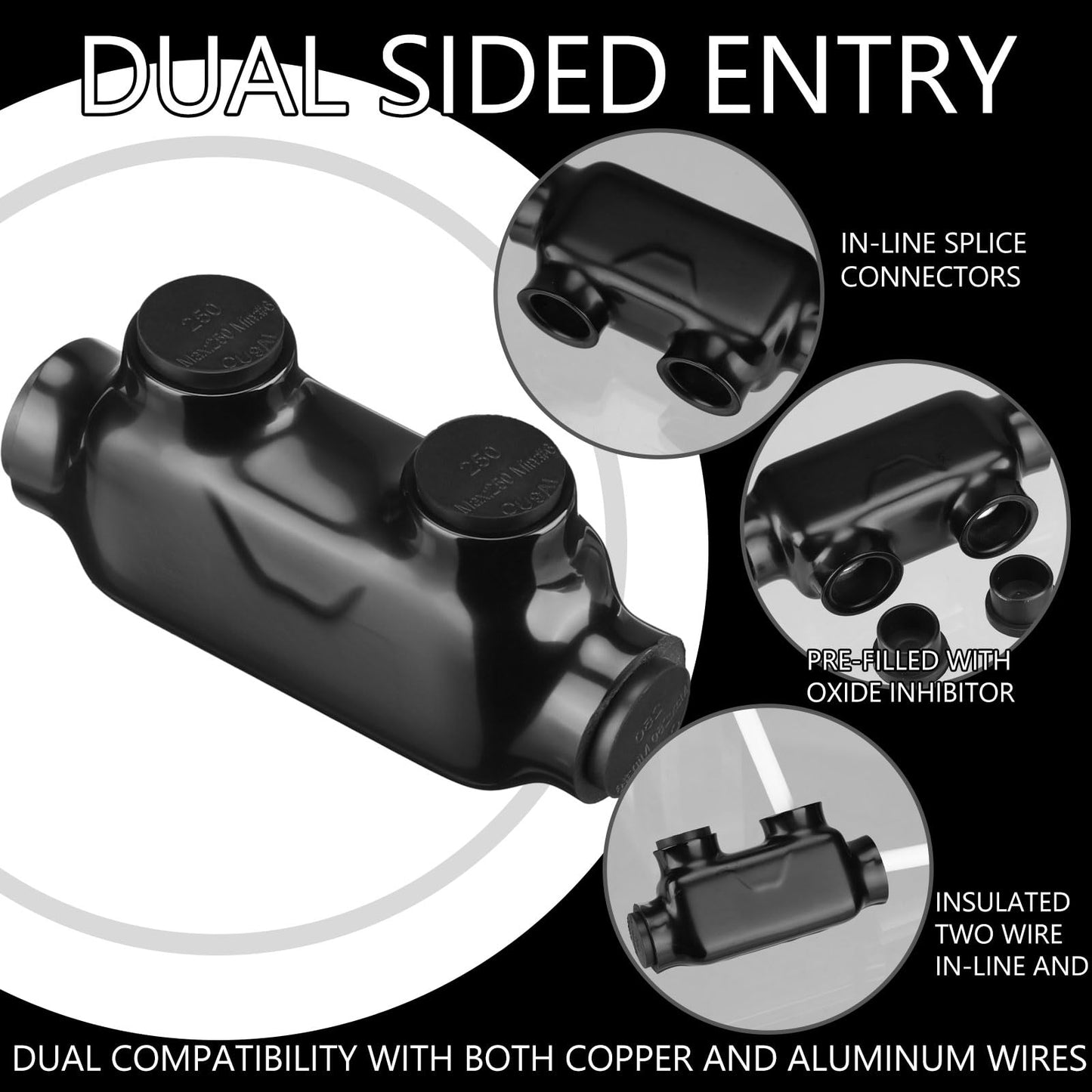 Copkim 5 Pcs Multi Cable Connectors, Black Vinyl Coated Wire Insulated Splicers with 2 Ports Inline and Dual Sided Entry, Dual Rated for Copper Aluminum (250MCM-6AWG)