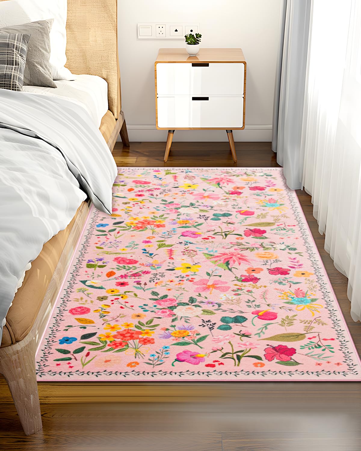 Boho Washable Area Rug 4x6 – Floral Low Pile Non-Slip Carpet for Living Room, Bedroom, Office, Playroom, Entryway, Kitchen, Dining Room (Pink)