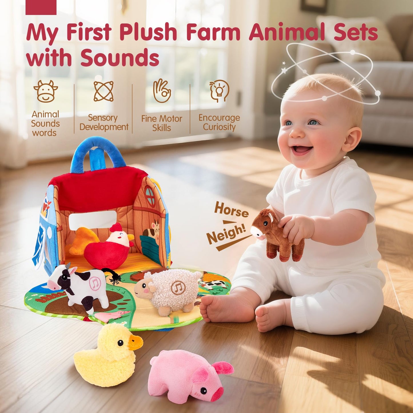 hahaland Baby Toys 6-12 Months - Surprise Barn with Stuffed Farm Animals with Real Sounds & Word Repeats, Mirror- Sensory Toy Montessori Toys for 6 Month Old Baby 1 Year Old Boy Girl