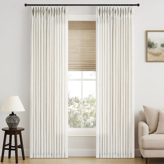 90 inch Pinch Pleated Linen Curtains for Living Room Bedroom Natural Ivory Birch Boho Country Thick Linen Textured Light Filtering Pinch Pleat Drapes Back Tab Semi Sheer Window Curtain 2 Panels