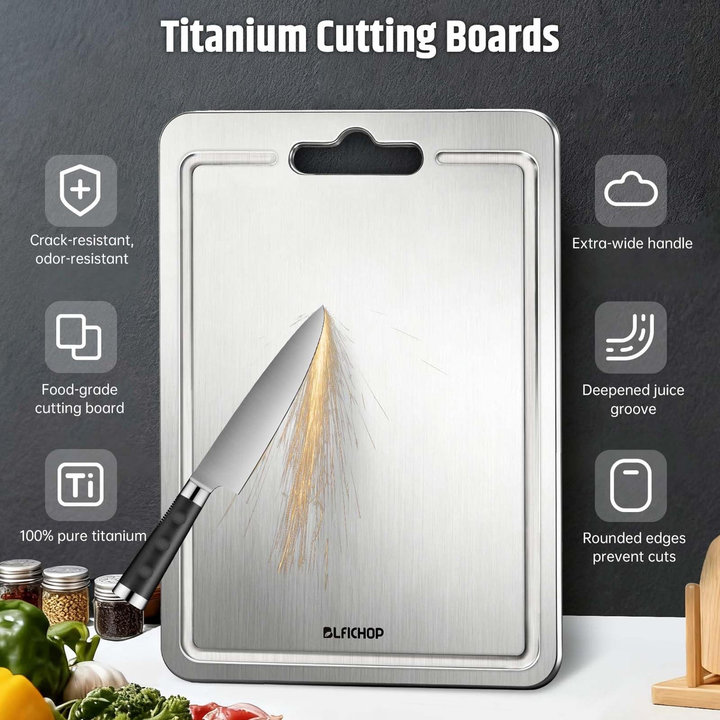 100% Pure Titanium Cutting Boards with Juice Groove, Metal Chopping Boards for kitchen Double-Sided Non-Toxic Cutting Borad Meat, Vegetables and Fruits, Dishwasher Safe, Grey (18 * 12in）