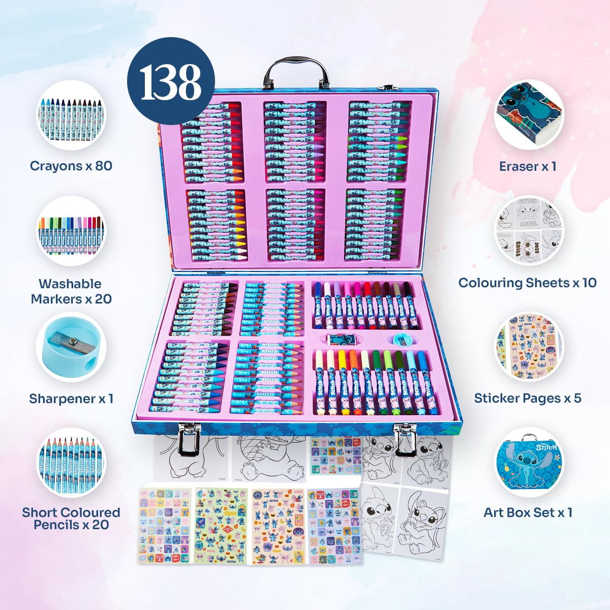 Disney Stitch Art Set for Kids 130+ Pieces Frozen Colouring Pencils Colouring Crayons Princess Art Supplies Stitch Gifts (Multi Stitch Set)