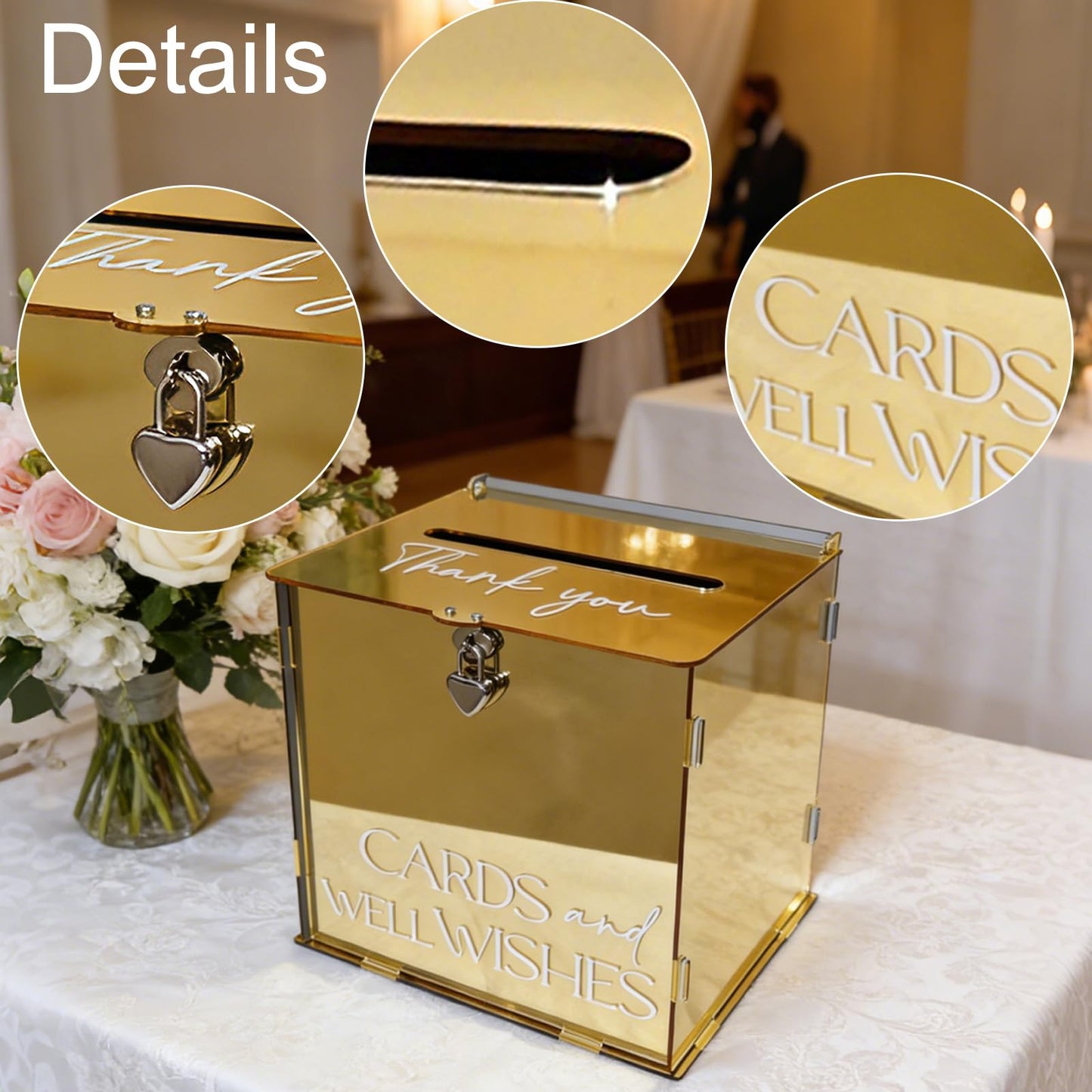 SOFARKKT Acrylic Gold Card Box with Lock & Slot, Metallic Golden Classy Wedding Card Boxes for Reception, Luxury Money Gift Cards Box for Party Engagement Bridal Shower Luxury Wedding Table Decor
