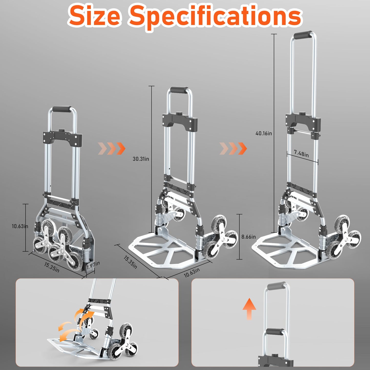 Stair Climbing Cart, 220 LBS Aluminum Stair Climber Dolly, Heavy Duty Folding Hand Truck Dolly with 6 Wheels, Telescoping Handle and Elastic Rope for Home, Moving, Groceries, Warehouse