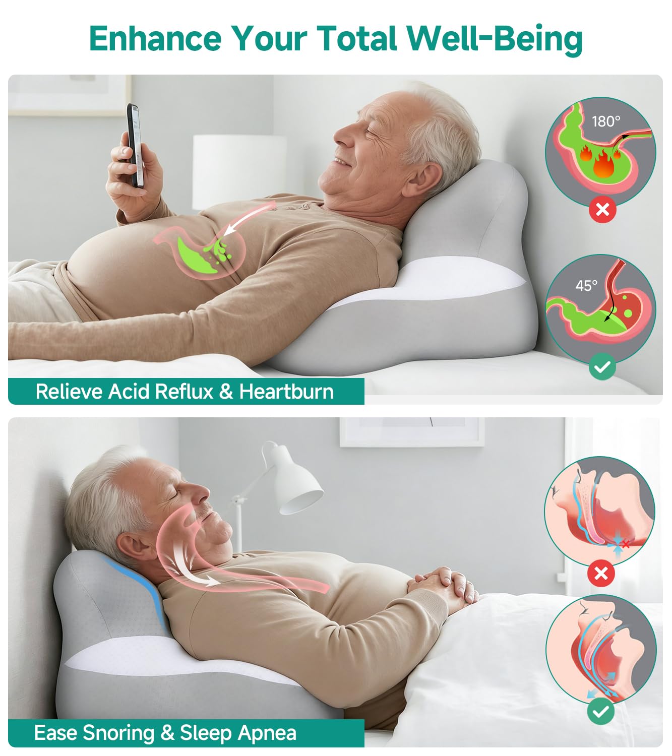 Bed Wedge Pillow for Headboard, 2026 Upgraded 2nd-Gen 10 Inch Memory Foam Wedges for Sleeping Apnea, Acid Reflux, Snoring & Back Pain Relief, Cervical Neck Pillows, Ergonomic Pillow for Couch or Floor