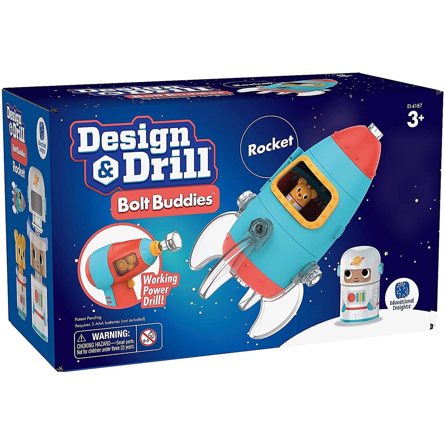 Educational Insights Design & Drill Bolt Buddies Rocket - Construction Toys & Toddler Tools, Kids Tool Set with Real Electric Drill Toy, Take Apart STEM Set, Building Kits and Gifts for Ages 3+