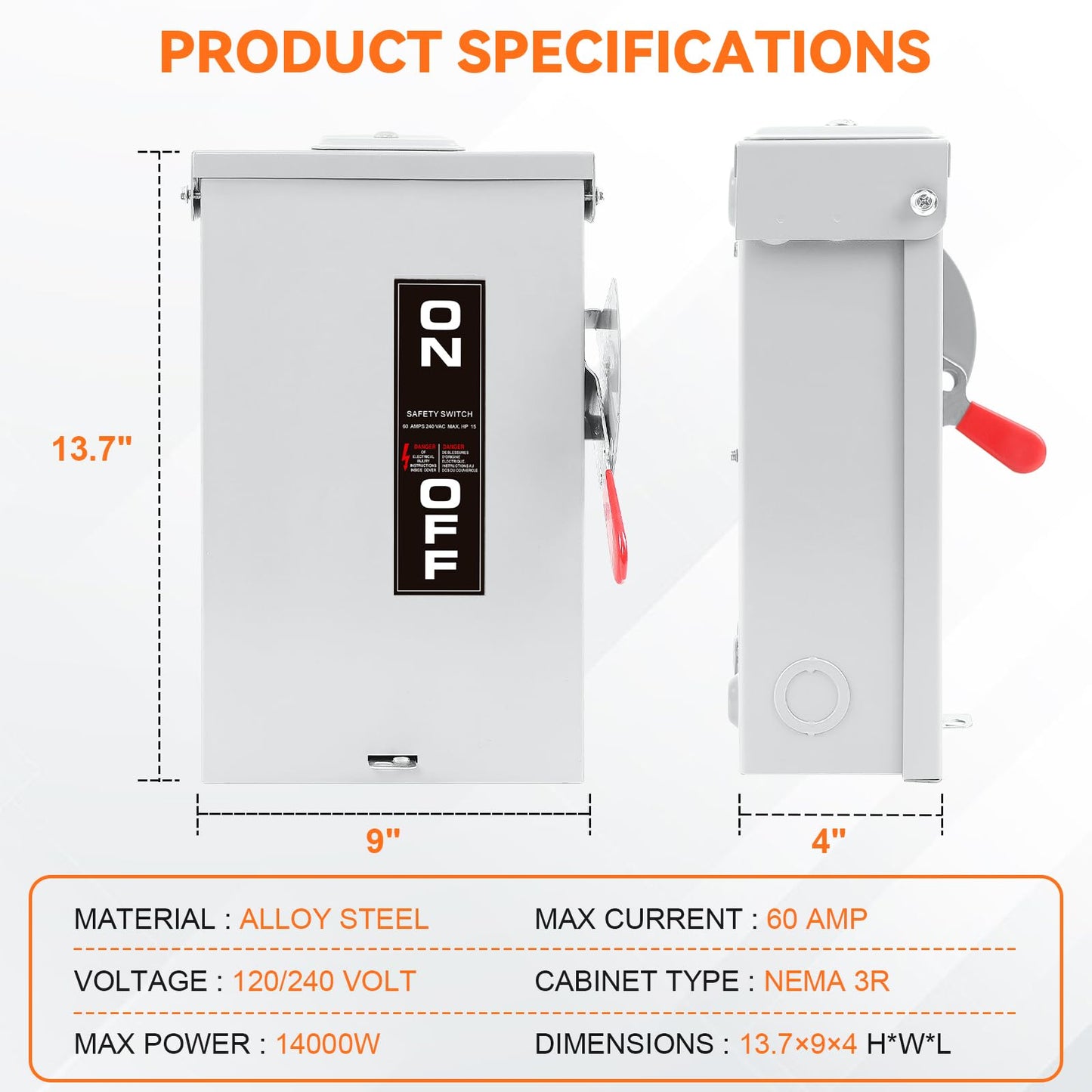 60 Amp Disconnect Switch Box,3 Pole Safety Switch,Non-Fusible,Indoor&Outdoor,Meeting NEMA 3R Standards,Galvanized Steel，Anti Corrosion and Rust Prevention,10-Year Warranty