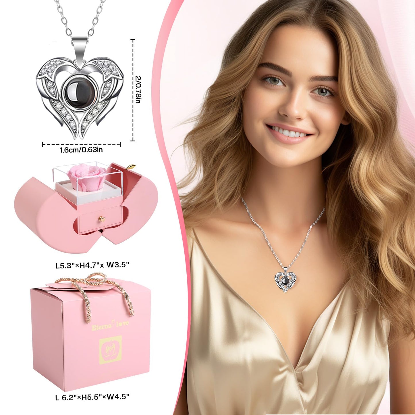 Preserved Real Pink Rose with I Love You Necklace 100 Languages, Gifts for Girlfriend, Women, Mom, Wife, Gifts Idea on Christmas, Valentine's Day, Mother's Day, Birthday, Anniversary, Thanksgiving