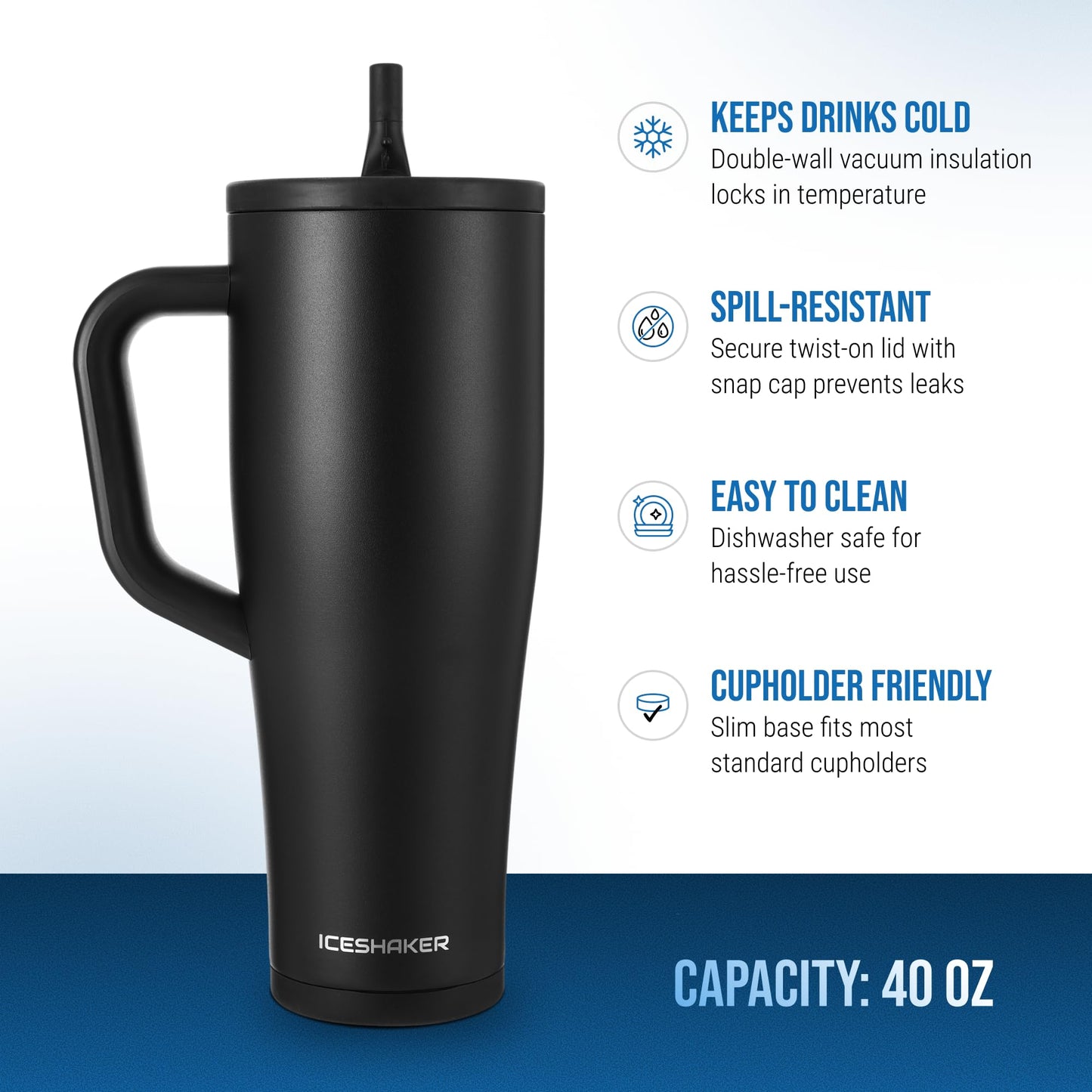 Ice Shaker 40 oz Tumbler with Handle and Straw | 40oz Black | Cold for 30+ Hours | 2-in-1 Tumbler Shaker Bottle | Odor-Free 40 ounce Bottle for Water, Protein Shakes, Smoothies, Cocktails