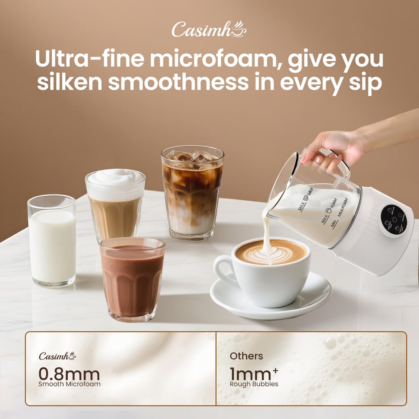 Casimhu 4-in-1 Milk Frother, Electric Milk Frother and Steamer with LED Touch Screen, Ceramic Lining Bottom, Milk Warmer 13.52oz for Lattes, Cappuccinos, and Macchiatos at Home (White)
