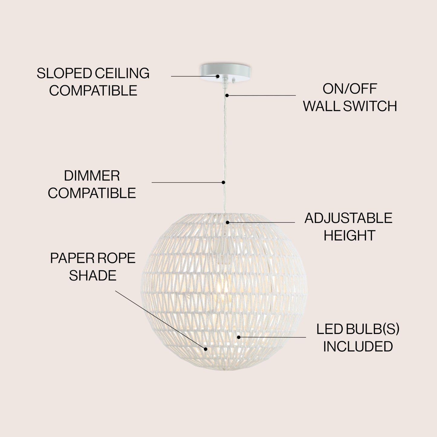 JONATHAN Y JYL6503A Luna 15.7" Woven Rattan Orb LED Pendant Minimalist Modern Contemporary Transitional Bohemian Modern Dimmable Adjustable Dining Room Living Room Kitchen Foyer Bedroom Hallway, White