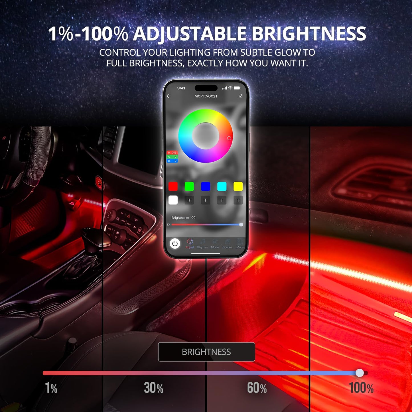 OPT7 Aura DreamColor Interior Light Strips, 4PC Double RGB-IC LED Color Chasing Kit w/APP & Remote Control, Underdash Ambient Lighting Universal for Vehicles Cars Trucks SUVs