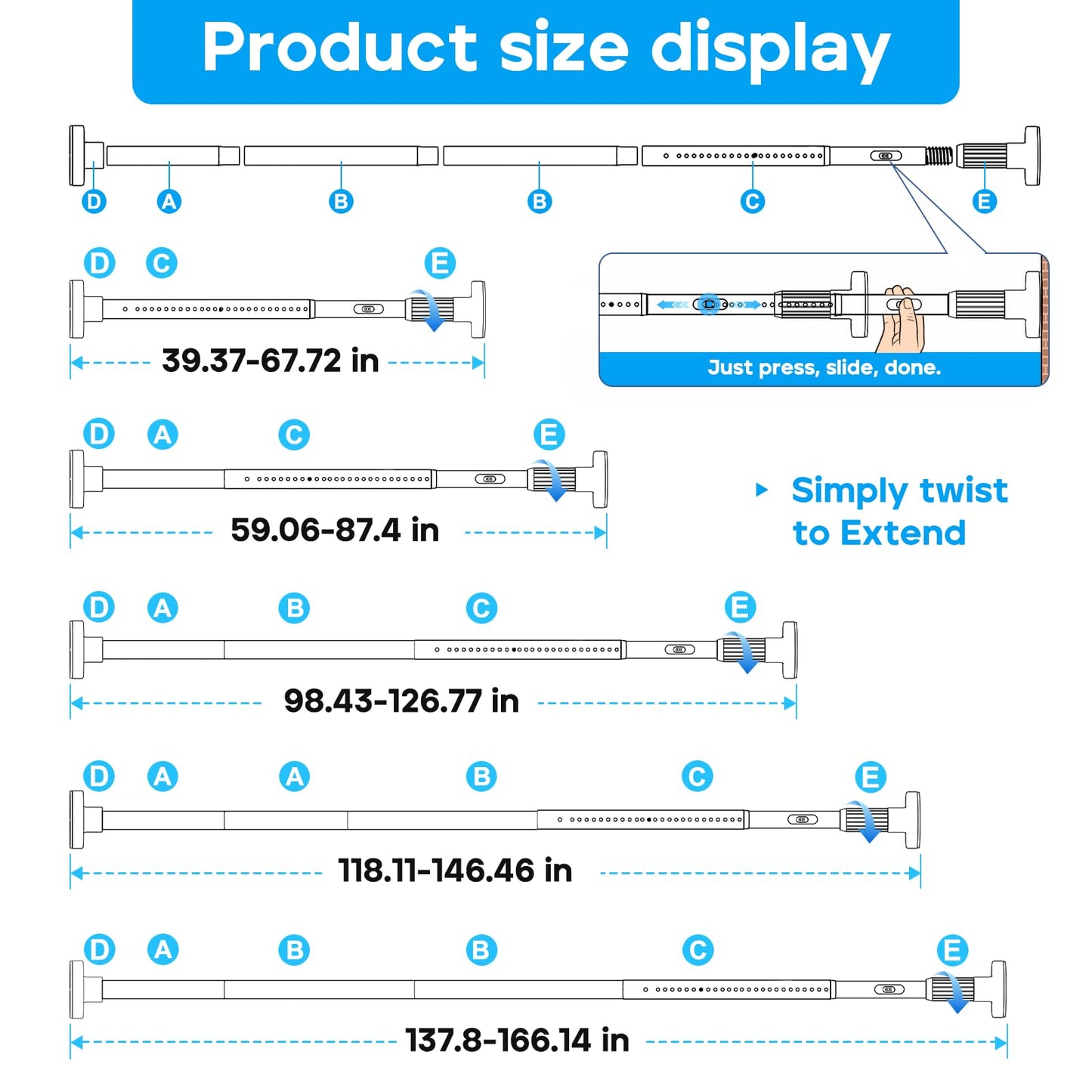 ZipGlo Tension Curtain Rod Black Shower Rod 40-166IN Extra Long Curtain Rods No Drilling Adjustable Tension Rods for Window Shower or Bathroom Outdoor Patio Diameter 1.26In