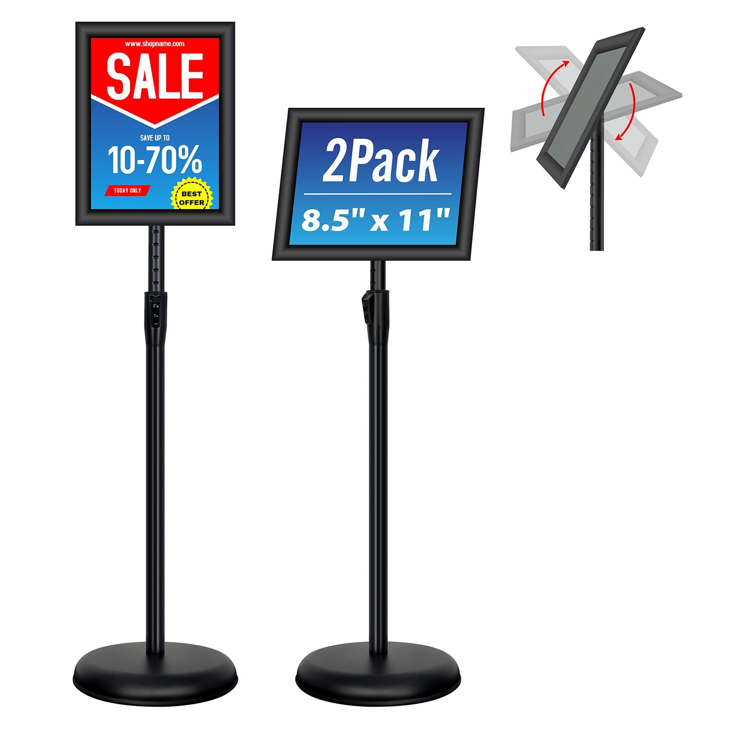 VAIIGO 2Pack 8.5x11 Inch Adjustable Pedestal Poster Sign Stand, Heavy Duty Floor Standing Sign Holder Stand Aluminum Snap Open Frame for Vertical and Horizontal View Sign Displayed(Black)