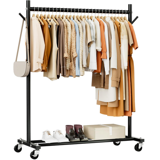 Clothes Rack, Clothing Rack for Hanging Clothes Load 280LBS, Rolling Garment Rack, Portable Coat Rack Freestanding Clothes Rack with Wheels Wardrobe Rack Easy Assembly for Bedroom Living Room, Black