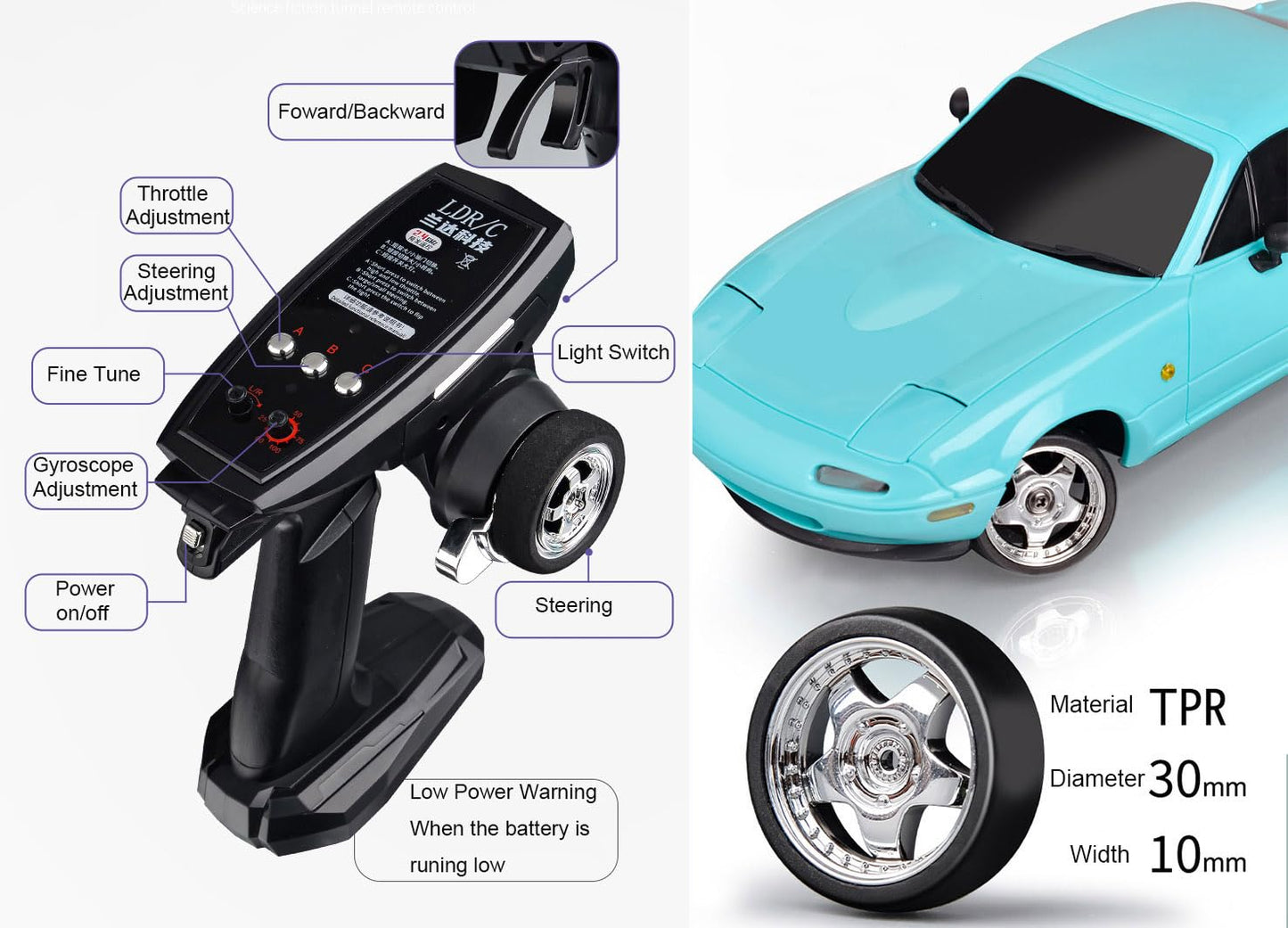 HLSFWDRIVE RC Drift Car 1/18 Scale LDRC Drift Car with Gyro Hobby RC Car for Adult RWD Drifting 2.4 GHz Gyroscope Proportional Throttle Steering Metal Drive Shafts Blinking Headlights LD1804