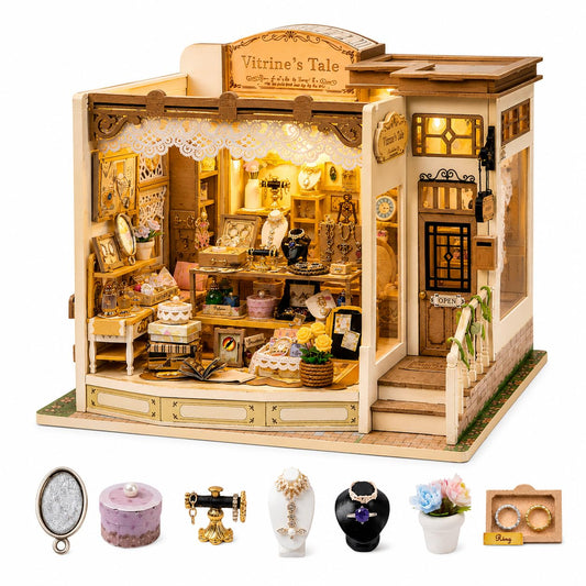 Book Nook DIY Miniature House Kit, Wooden Rolife Miniature Kit with 428 PCS Detailed Jewelry Shop Design for Adults, Book Nook Decorative Model for Shelf Display and Relaxing Craft Time