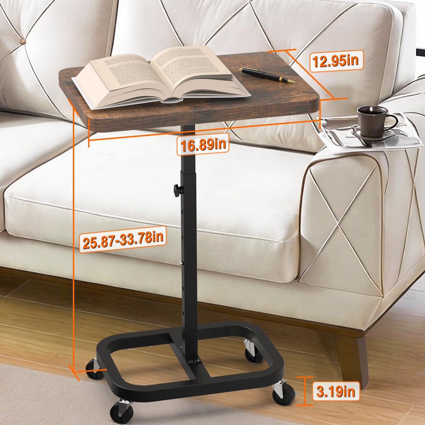 alentar Adjustable Height Mobile TV Tray Table with Wheels, Portable Rolling Desk, and Laptop Table for Eating on Couch or Sofa, Featuring Upgraded Alloy Steel Support and a Sturdy Quadrilateral Base