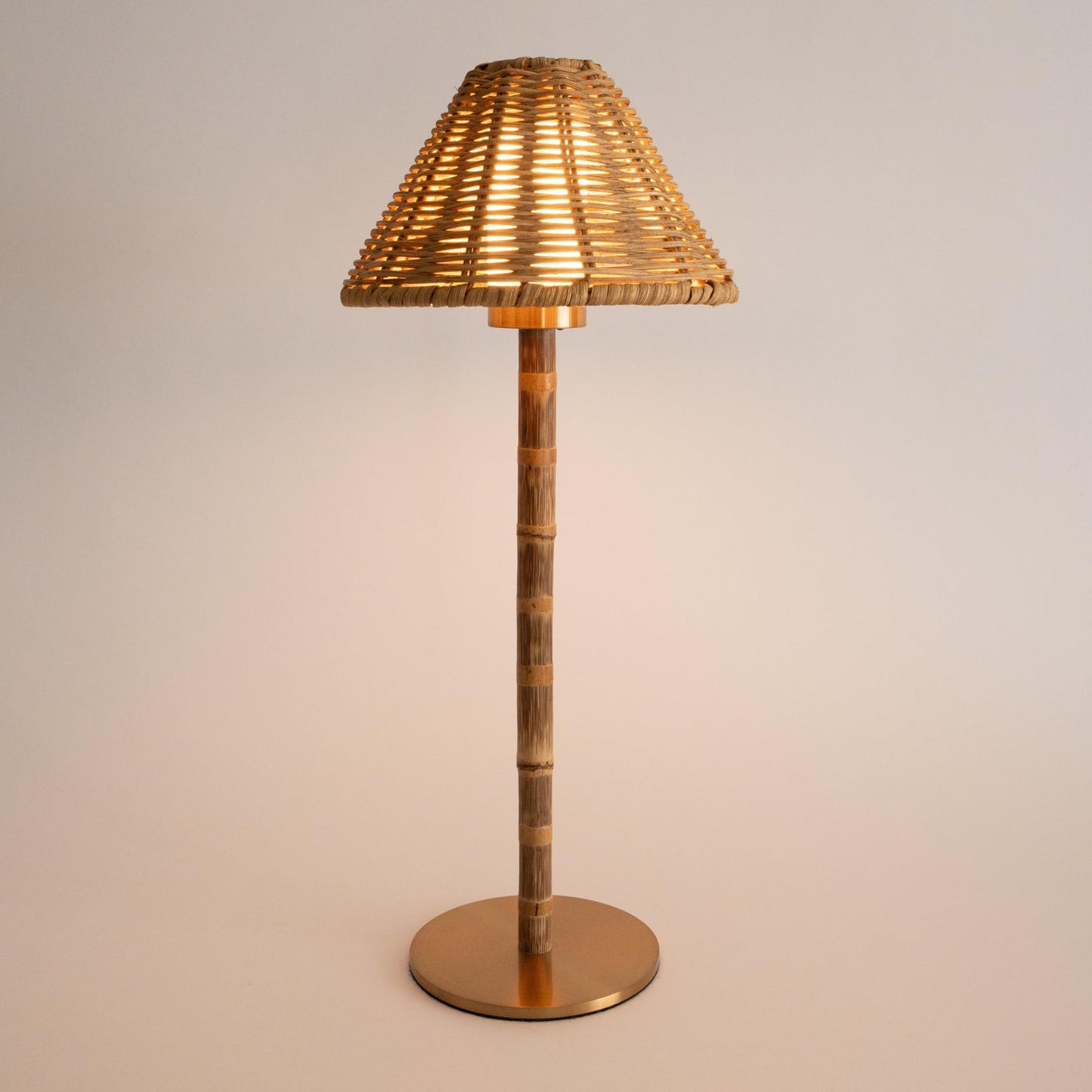 LUXELYKOS Bamboo Cordless LED Table Lamp – Rechargeable 24-Hour Battery, Dimmable Warm Light, 15" Portable Wireless Lamp with Remote for Indoor/Outdoor Use, Home, Patio, Restaurant – Natural Rattan