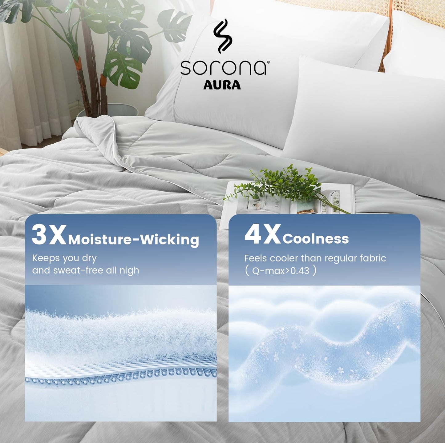 Amélie Home Cooling Comforter Twin Size, Dual-Sided Lightweight Cooling Blanket for Hot Sleepers, Q-Max 0.43 Breathable Cooling Quilt for Night Sweats, 68" x 90", Heather Cool Grey