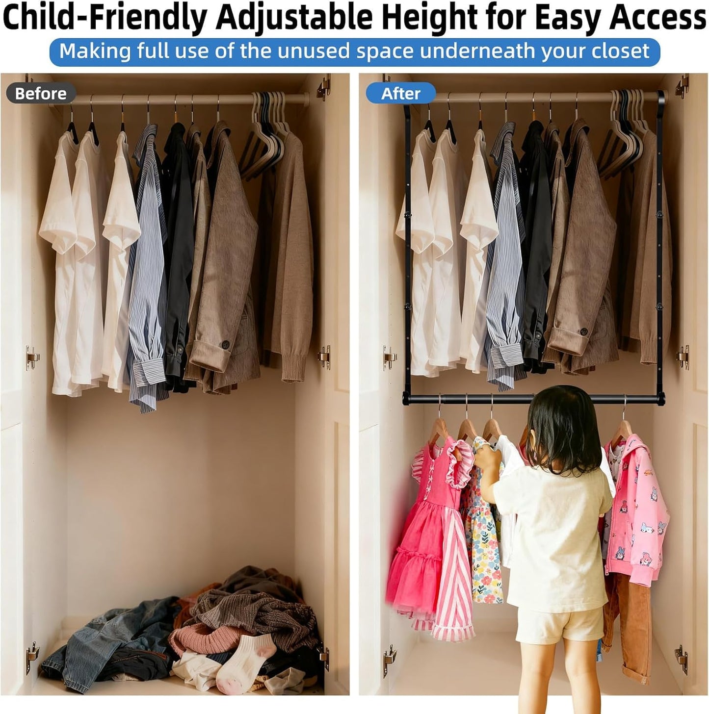 Adjustable Closet Rods for Hanging Clothes 2 Pack Heavy Duty Closet Extender Hanging Rod Double Hanging Closet Bar Space-Saving Closet Lower Extender for Clothing Organizer