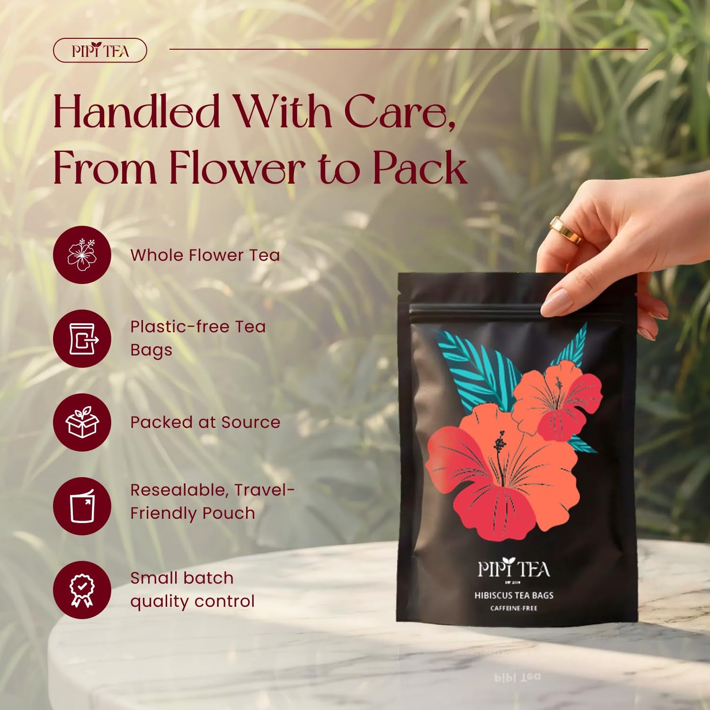 PiPi Tea Organic Hibiscus Tea Bags – Caffeine Free Herbal Tea Rich in Antioxidants, Non-GMO & Vegan, Sourced from Premium Hibiscus Flowers for Daily Wellness & Heart Health Support, 60g