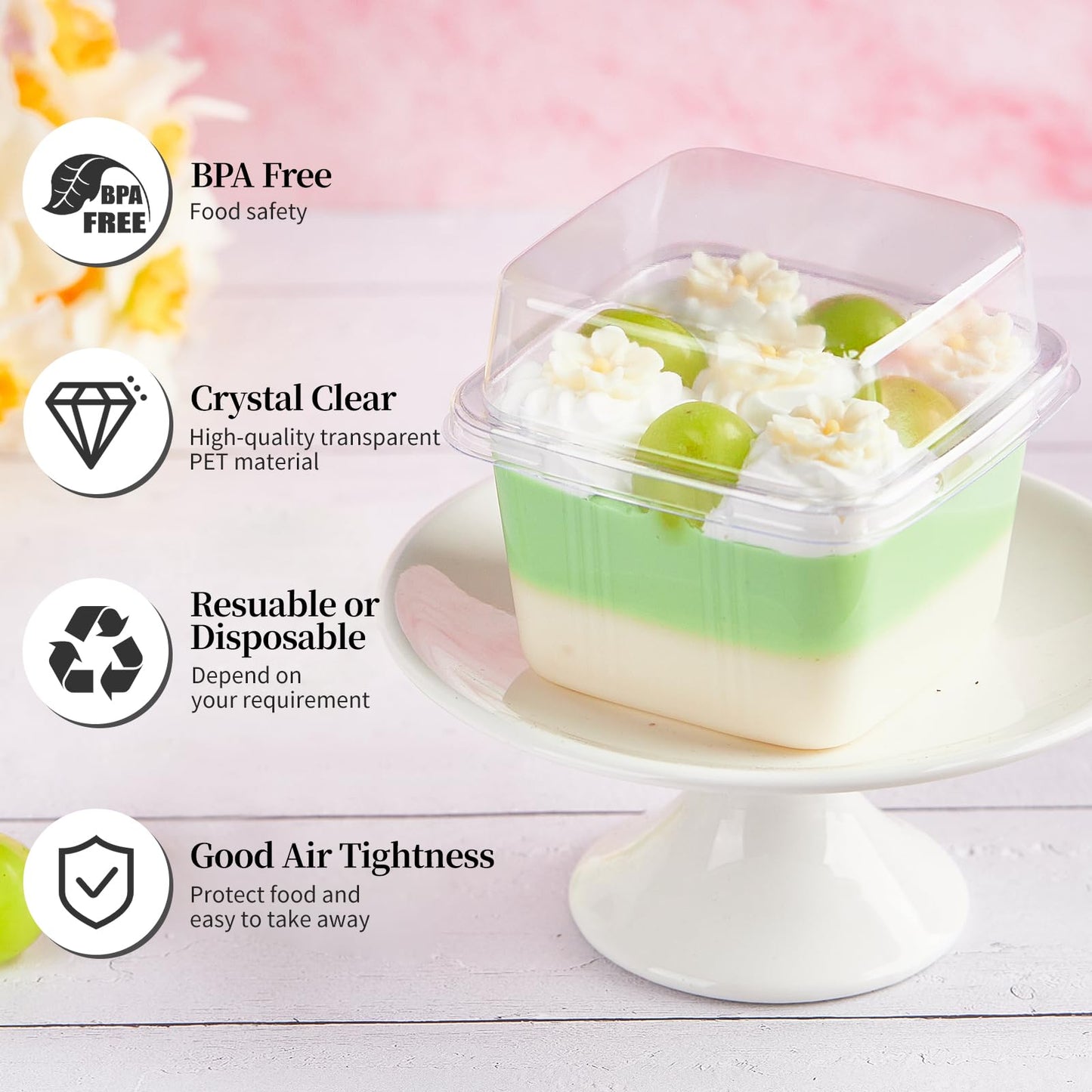 Kucoele 100 Pack 8 oz Plastic Dessert Cups with Lids and Sporks, Clear Square Cake Cups Parfait Containers for Pudding Fruit Mousse Yogurt and Shortcake