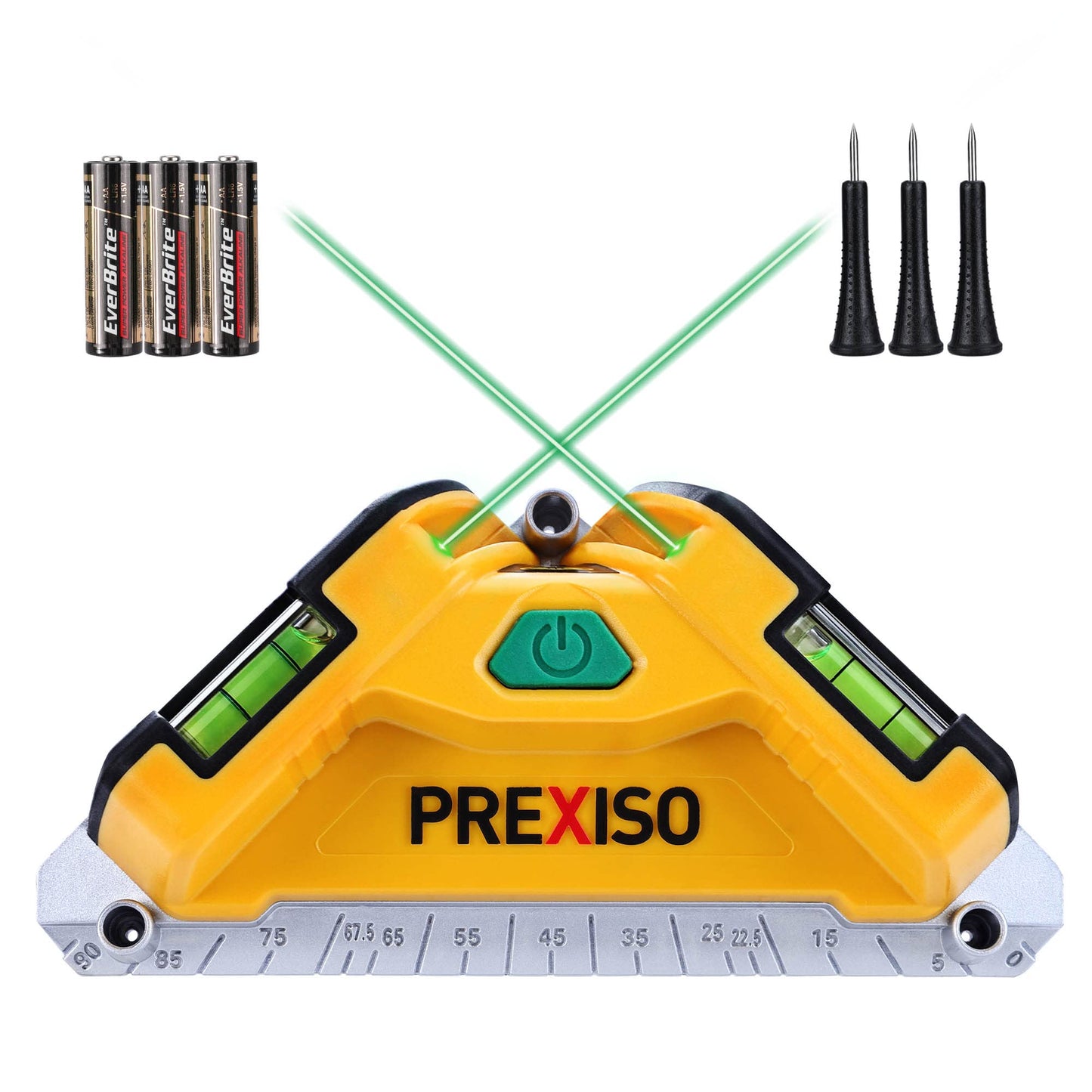 PREXISO Square Laser-65Ft Green Beam Floor Tile Laser Level, Tile Laser Line Projection, Angle 90 degree Aluminum Base Magnetic Level Square Built-In 2 Bubble Vials-With 3 Mounting Pins 3AA Batteries