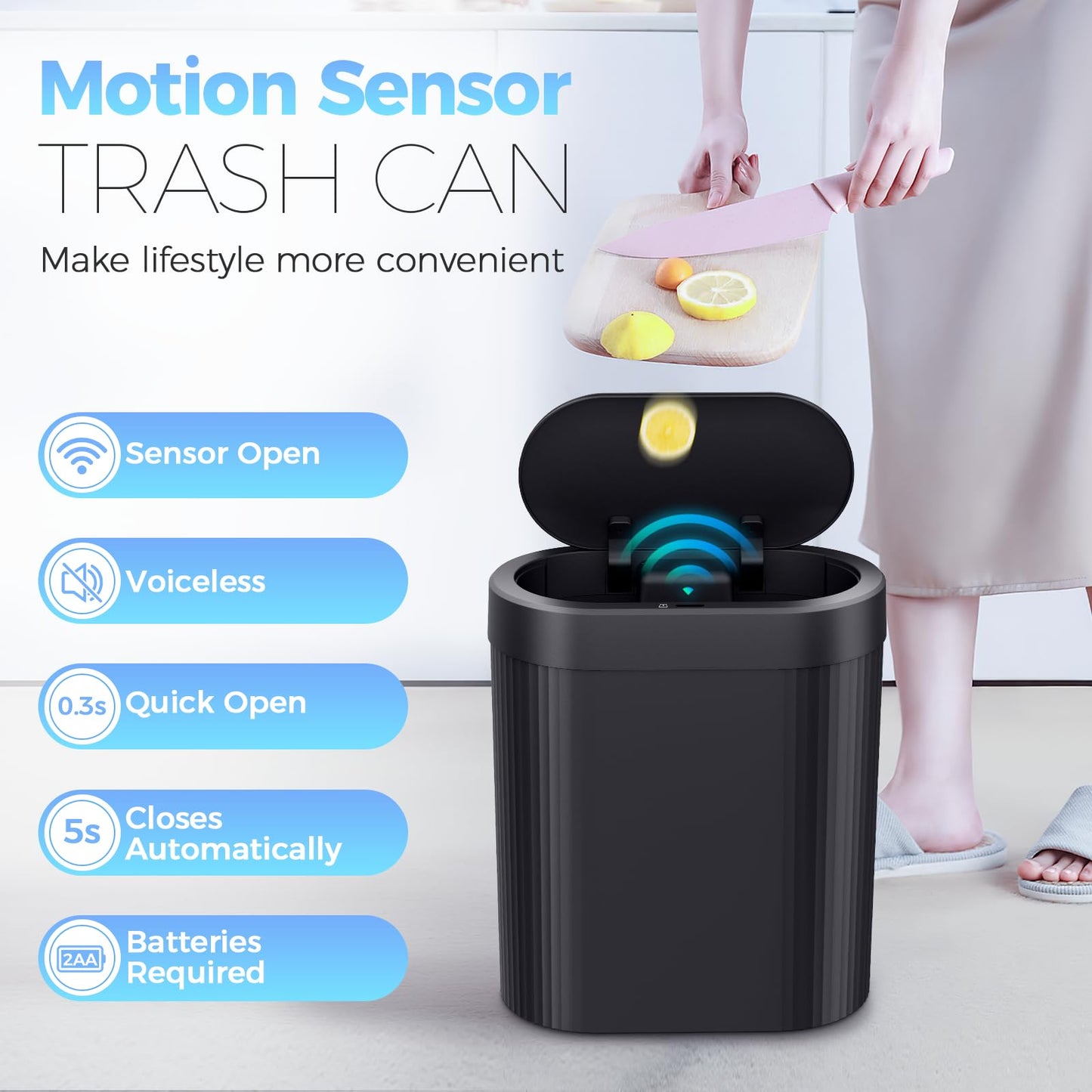 jinligogo 2 Pack 5 Gallon Bathroom Trash Can with Lid, Automatic Motion Sensor Black Trash Can, Touchless Slim Waterproof Garbage Bin for Kitchen, Bedroom, Office, and Bathroom