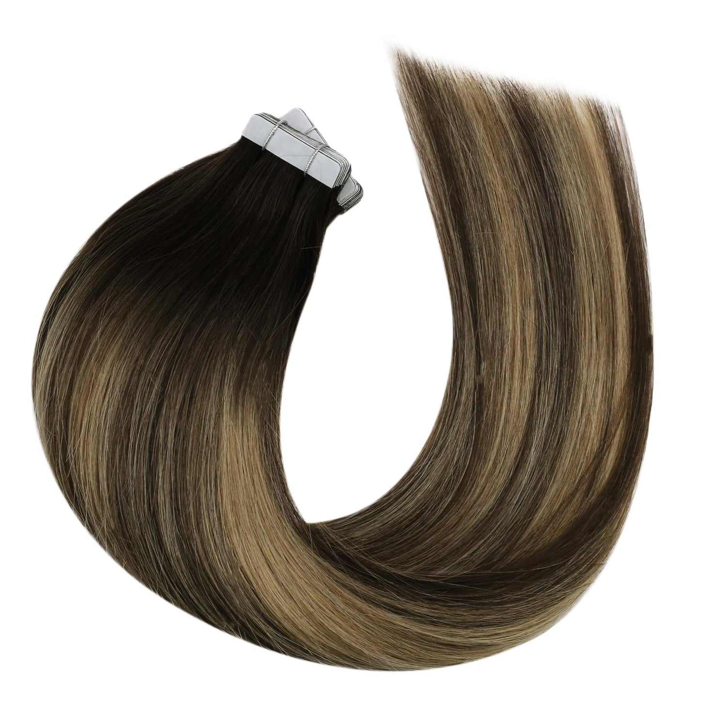 Moresoo Tape in Human Hair Extensions Ombre Tape in Extensions Human Hair Balayage Brown to Caramel Blonde with Brown Hair Extensions Tape in Real Human Hair Extensions 18 Inch #4/27/4 20pcs 50g