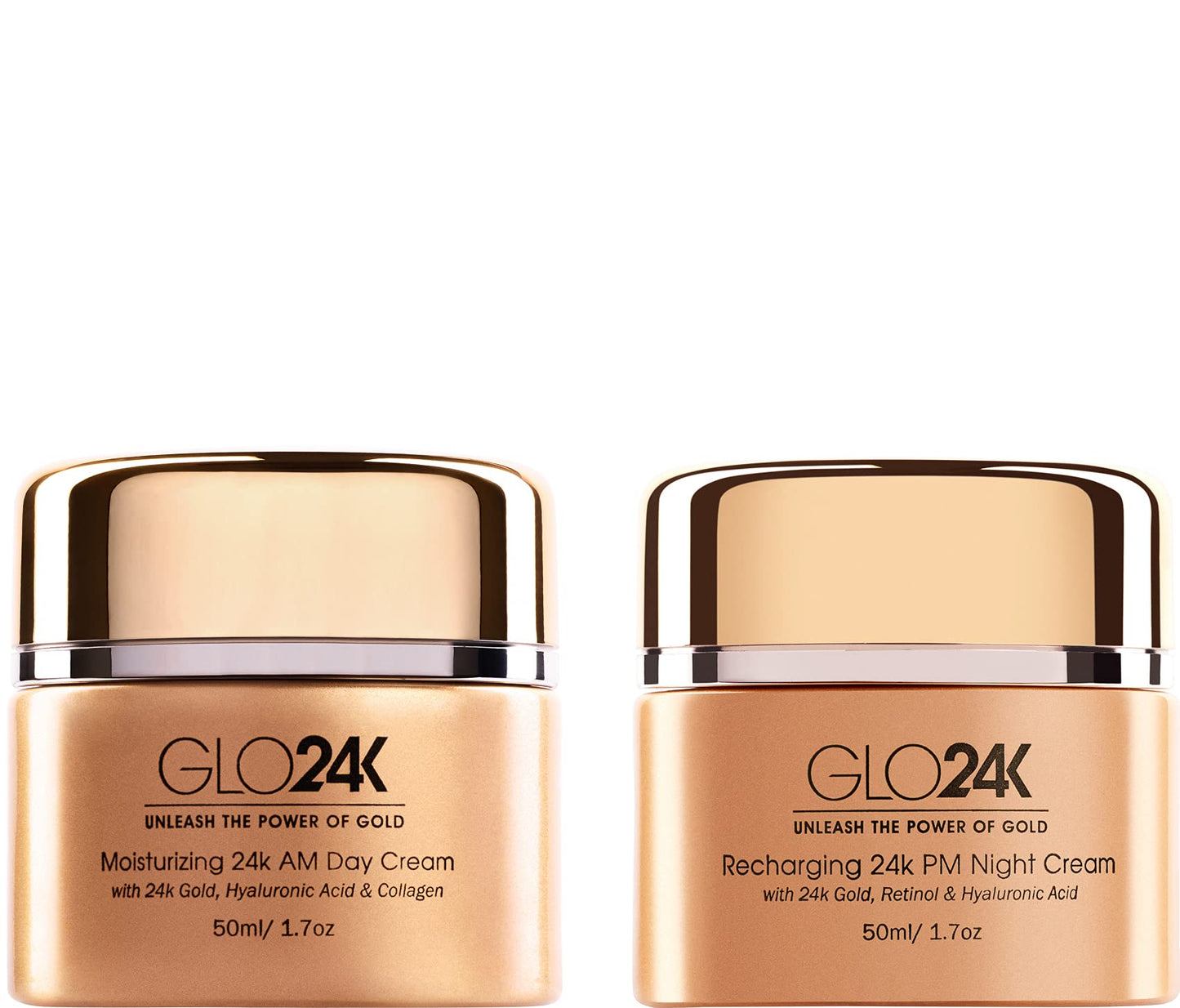 GLO24K Moisturizing 24k Gold Day and Night Creams for an Optimal AM-PM Hydration Level. A High-Performing Hydration Boost Combo enriched with Hyaluronic Acid, Collagen, Retinol, and Vitamins.