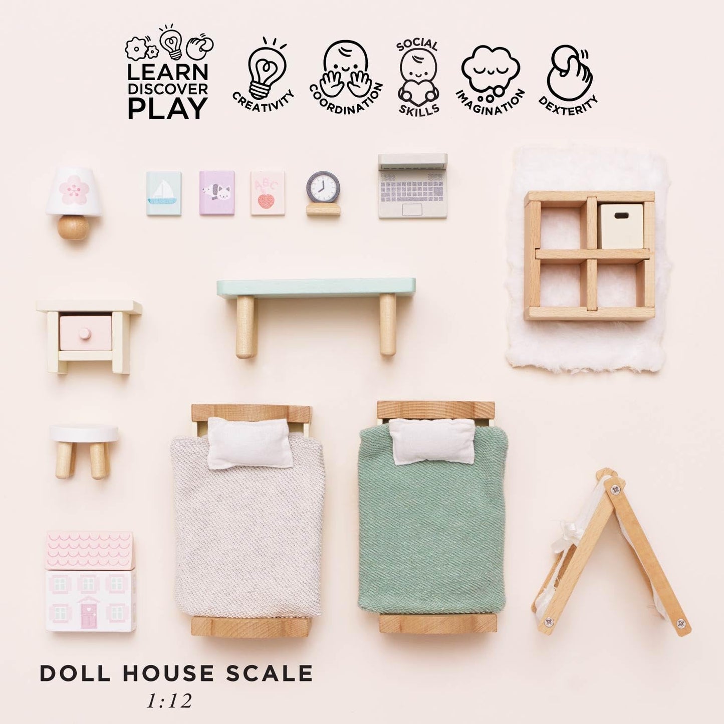 Le Toy Van - SugarPlum Wooden Bedroom Set | Dolls House Accessories Play Set For Dolls Houses | Girls and Boys Doll House Furniture Sets - Suitable For Ages 3+, Daisylane Child Bedroom (ME061)