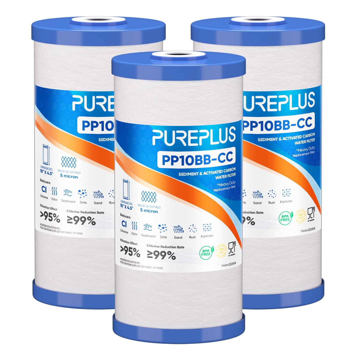 PUREPLUS 5 Micron 10" x 4.5" FXHTC Whole House Sediment and Carbon Water Filter Replacement Cartridge for GE GXWH40L, GXWH35F, GNWH38S, Culligan RFC-BBSA, WRC25HD, RFC-BB, PP10BB-CC, WFHD13001, 3Pack