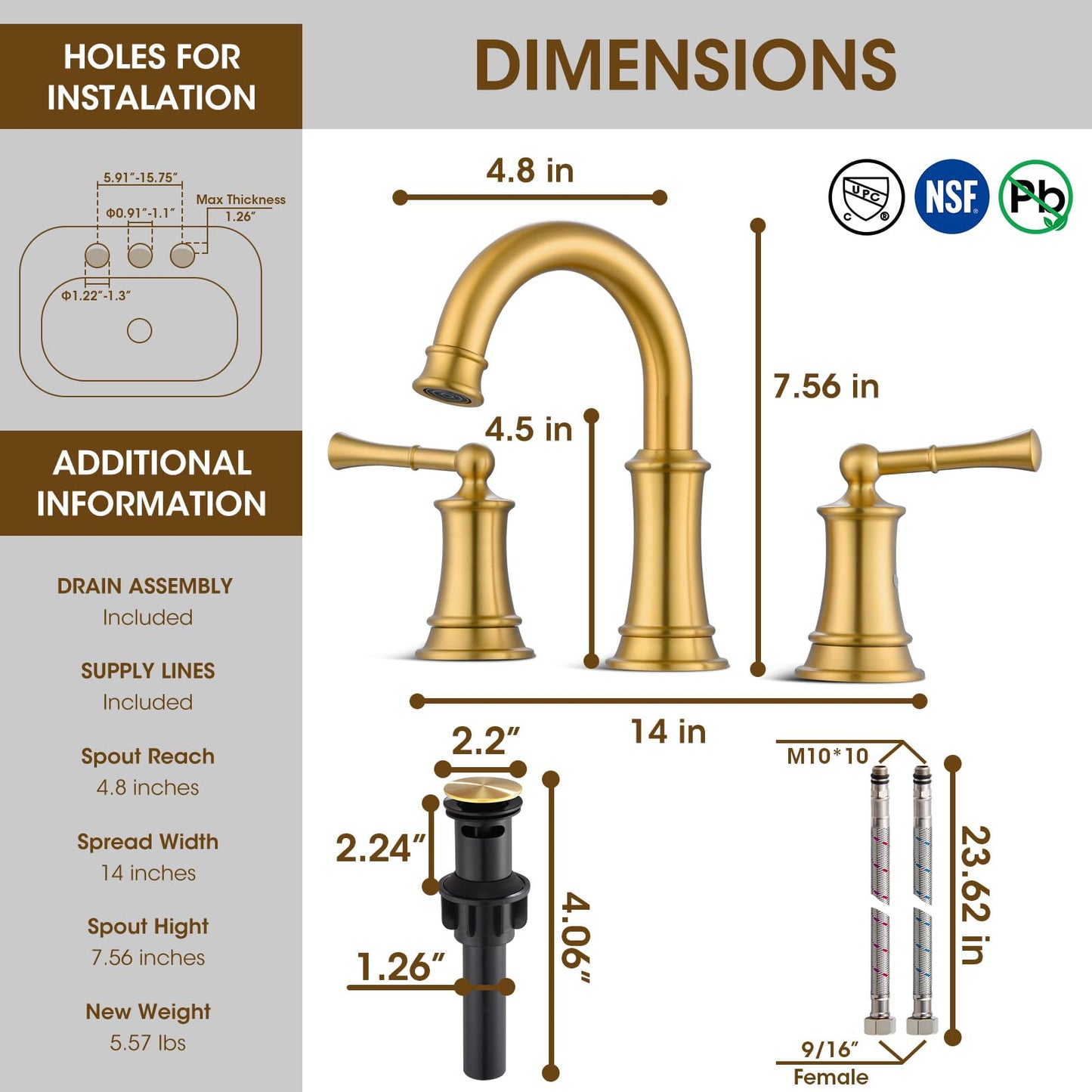 Hangoro Gold Bathroom Faucet, 8 Inch Brushed Gold Bathroom Faucet with Pop-up Drain Assembly, Widespread Sink Faucet with cUPC Supply Lines for Vanity, Lavatory RV Farmhouse Sink(L2304-BG)