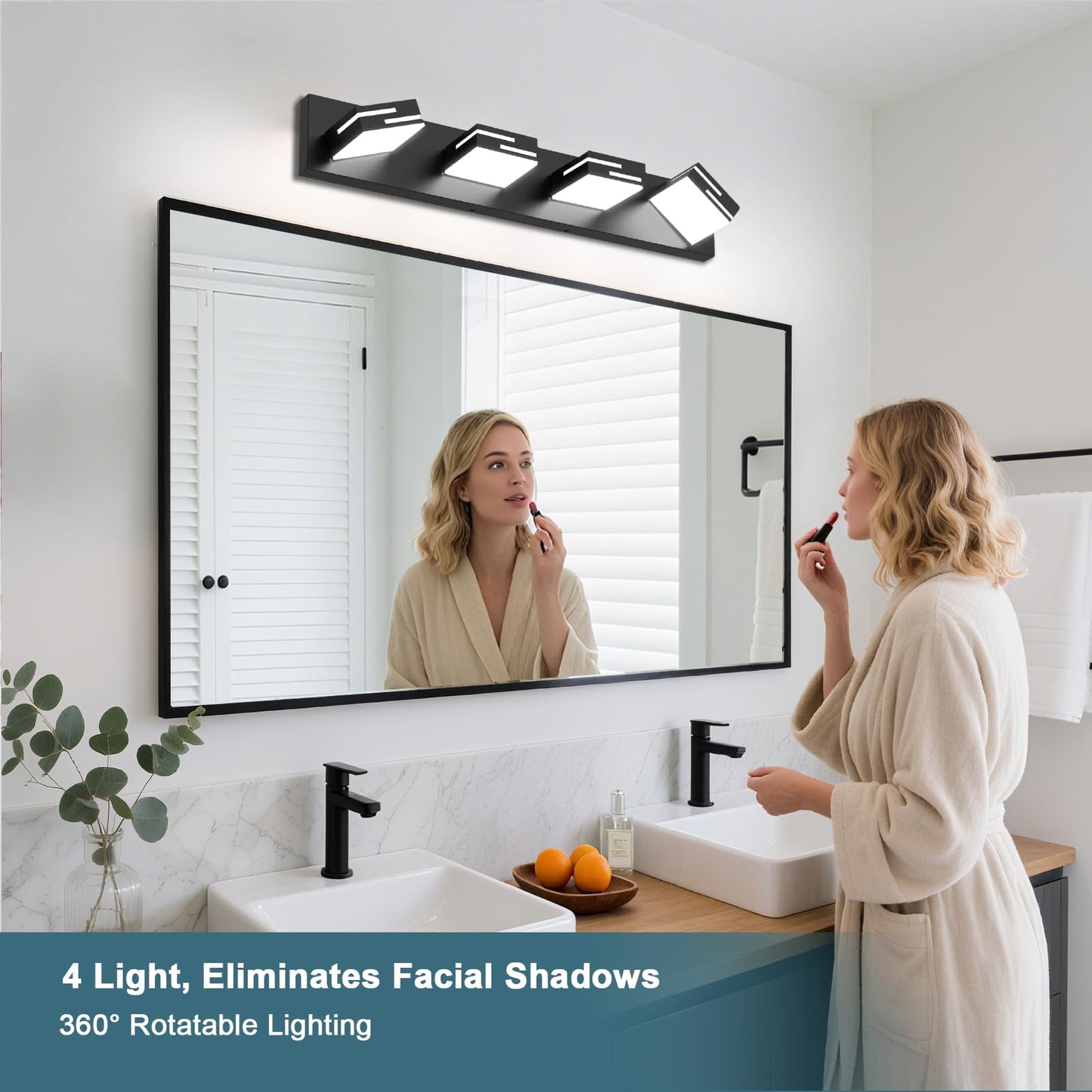 LKHF LED Modern Bathroom Vanity Light Fixtures, Dimmable Matte Black Vanity Lights for Bathroom Lighting Fixtures Over Mirror, with 360° Rotatable Acrylic Heads 4-Light 30-inch (Cool White 6000K)