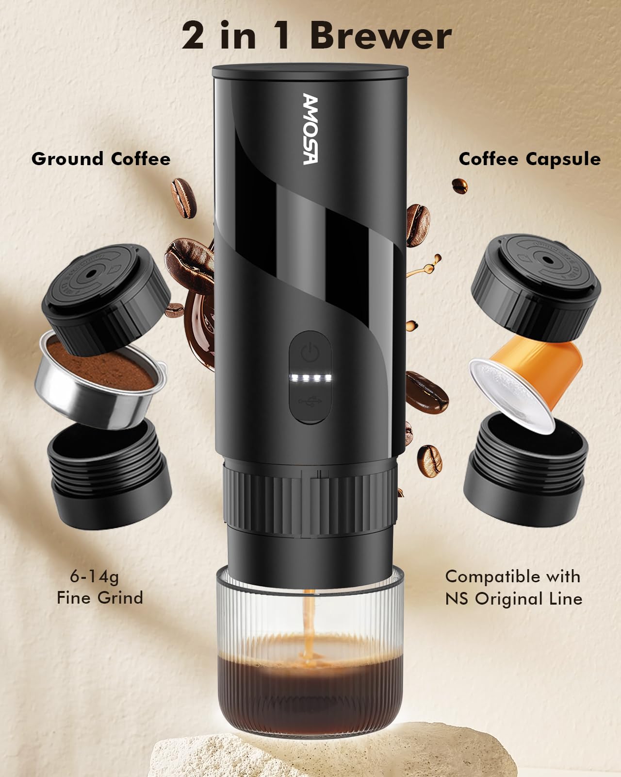 Portable Electric Espresso Machine & Manual Coffee Grinder & Electric Milk Frother All in 1 Mini Travel Coffee Maker Set for Camping, Car, RV, Hiking, Office, Home, Ground Coffee & NS Capsules Pod